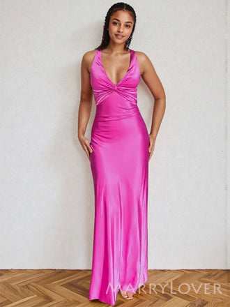 Formal Mermaid Pink Satin V-neck Long Evening Prom Dresses, MR9678