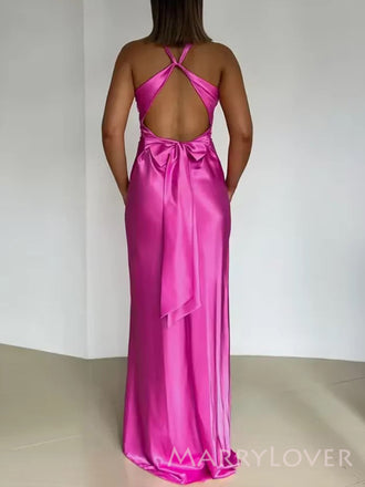 Formal Mermaid Pink Satin V-neck Long Evening Prom Dresses, MR9678