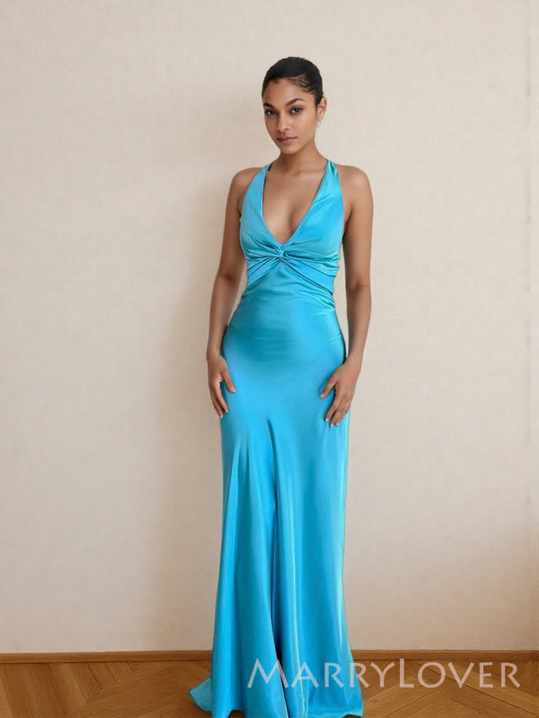 Lovely Blue Satin V-neck Long Evening Prom Dresses, Backless Mermaid Prom Dress, MR9679