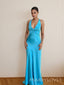 Lovely Blue Satin V-neck Long Evening Prom Dresses, Backless Mermaid Prom Dress, MR9679