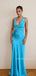 Lovely Blue Satin V-neck Long Evening Prom Dresses, Backless Mermaid Prom Dress, MR9679