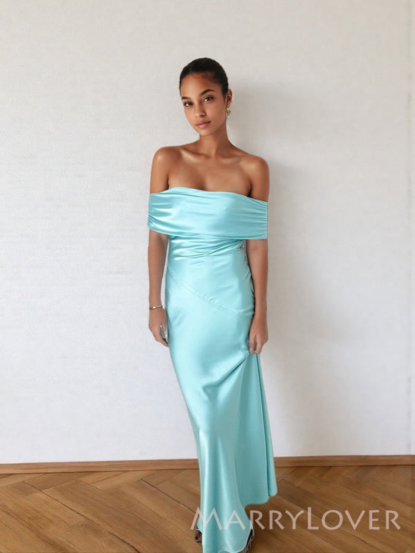 Simple Mermaid Off Shoulder Blue Satin Long Evening Prom Dresses, MR9680