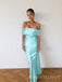 Simple Mermaid Off Shoulder Blue Satin Long Evening Prom Dresses, MR9680