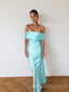 Simple Mermaid Off Shoulder Blue Satin Long Evening Prom Dresses, MR9680