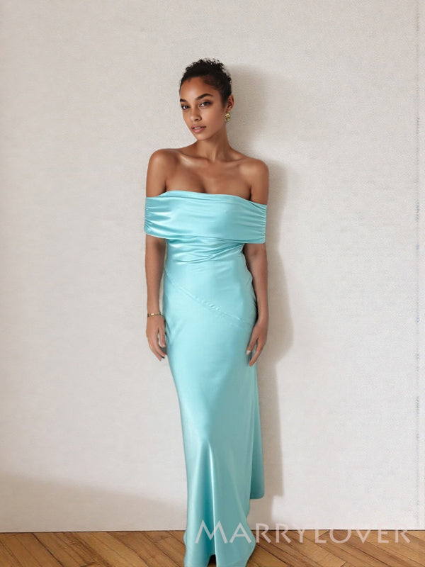 Simple Mermaid Off Shoulder Blue Satin Long Evening Prom Dresses, MR9680