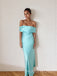 Simple Mermaid Off Shoulder Blue Satin Long Evening Prom Dresses, MR9680