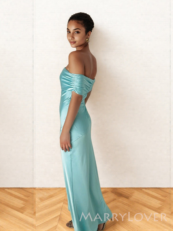 Simple Mermaid Off Shoulder Blue Satin Long Evening Prom Dresses, MR9680