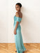 Simple Mermaid Off Shoulder Blue Satin Long Evening Prom Dresses, MR9680