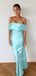 Simple Mermaid Off Shoulder Blue Satin Long Evening Prom Dresses, MR9680