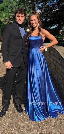 Royal Blue Satin Spaghetti Straps Side Slit Long Evening Prom Dresses, MR9685