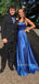 Royal Blue Satin Spaghetti Straps Side Slit Long Evening Prom Dresses, MR9685