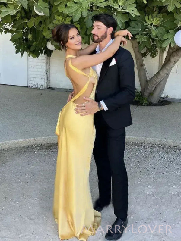Sexy Backless Yellow Mermaid Long Evening Prom Dresses, MR9686