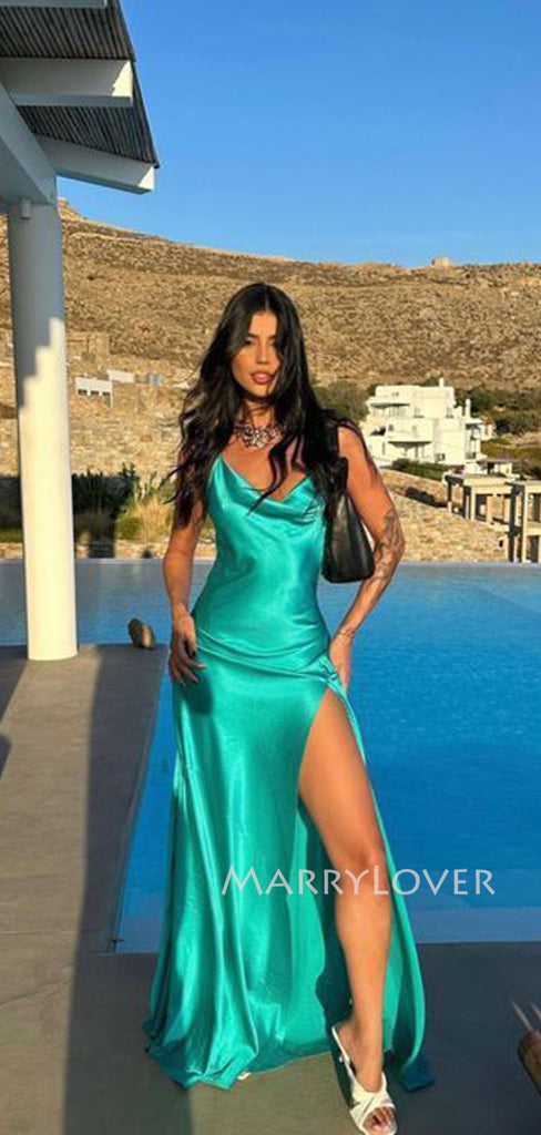 Morden Blue Satin Spaghetti Straps Long Evening Prom Dresses, High Slit Prom Dress, MR9688