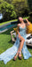 Floor-length Light Blue Side Slit Long Evening Prom Dresses, Straps Prom Dress, MR9689