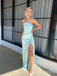 High Slit Blue Satin Strapless Long Evening Prom Dresses, MR9690