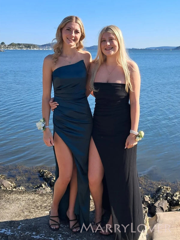 High Slit Blue Satin Strapless Long Evening Prom Dresses, MR9690