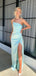 High Slit Blue Satin Strapless Long Evening Prom Dresses, MR9690