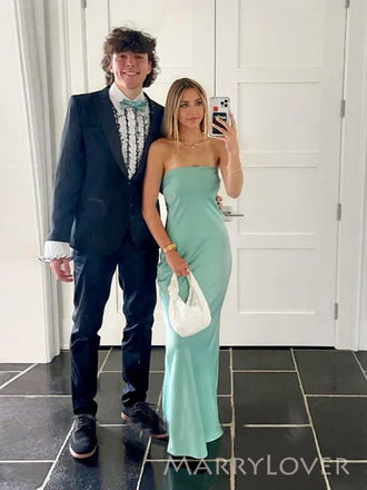 Simple Strapless Blue Satin Mermaid Long Evening Prom Dresses, MR9691