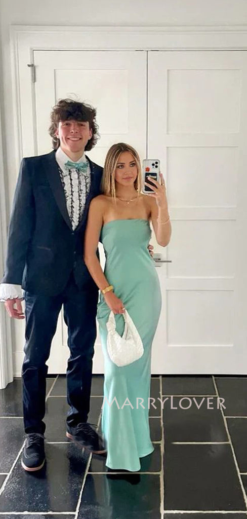 Simple Strapless Blue Satin Mermaid Long Evening Prom Dresses, MR9691