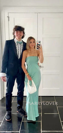 Simple Strapless Blue Satin Mermaid Long Evening Prom Dresses, MR9691