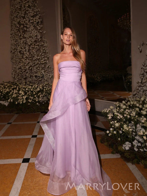 Purple Organza A-line Strapless Long Evening Prom Dresses, MR9692