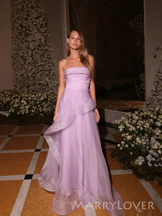 Purple Organza A-line Strapless Long Evening Prom Dresses, MR9692
