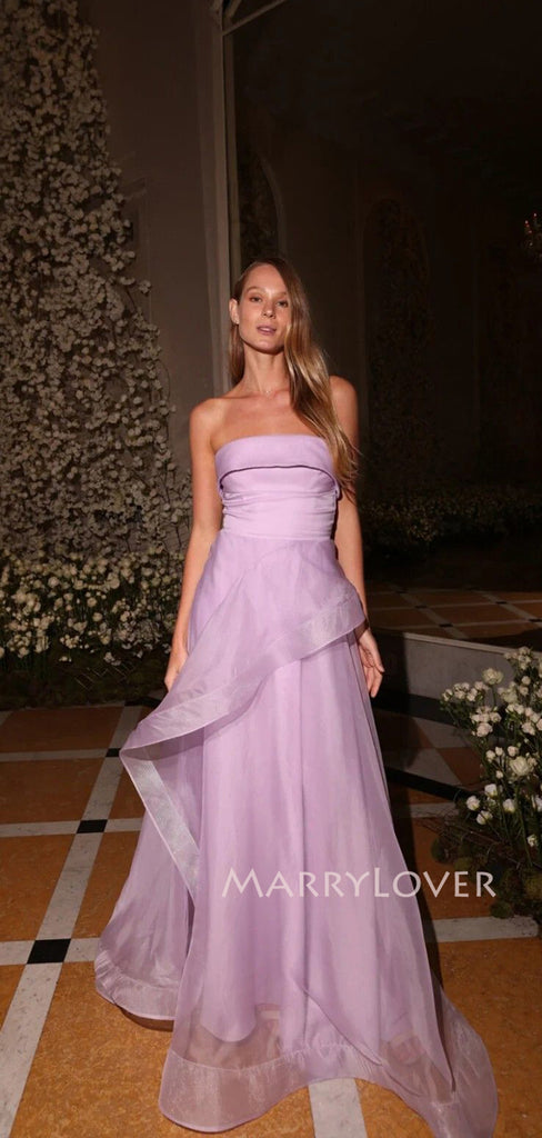 Purple Organza A-line Strapless Long Evening Prom Dresses, MR9692