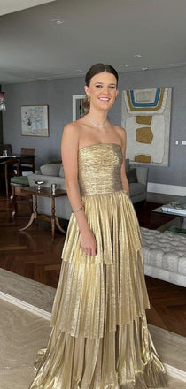 Formal Gold Strapless A-line Long Evening Prom Dresses, MR9693