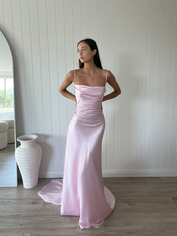 Gorgeous Pink Satin Spaghetti Straps Long Evening Prom Dresses, MR9694