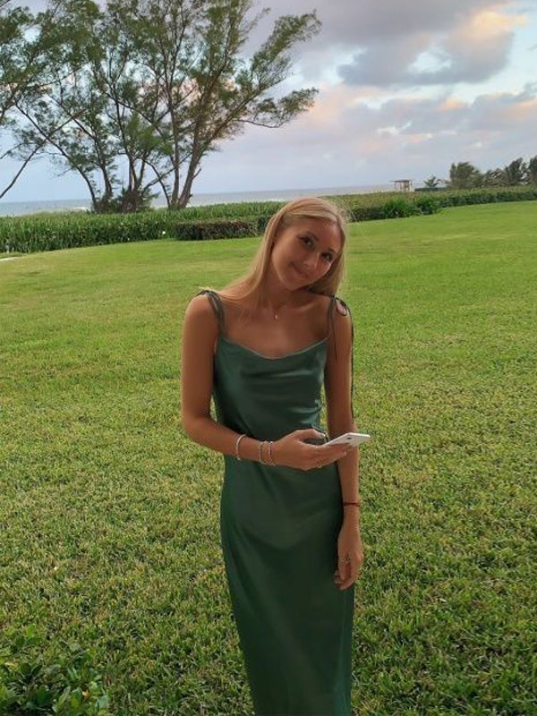 Simple Spaghetti Straps Green Satin Long Evening Prom Dresses, MR9696