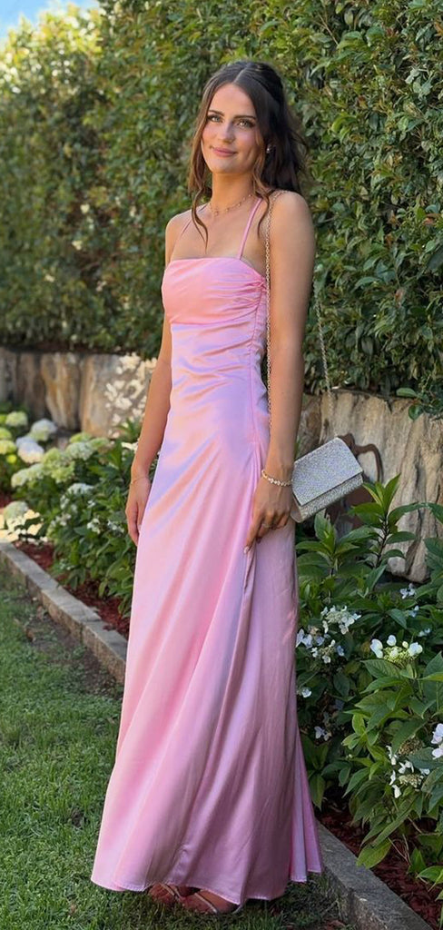 Lovely Spaghetti Straps Pink Satin Long Evening Prom Dresses, MR9697