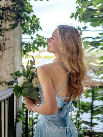 Simple Sky Blue Satin Side Slit Long Evening Prom Dresses, MR9700