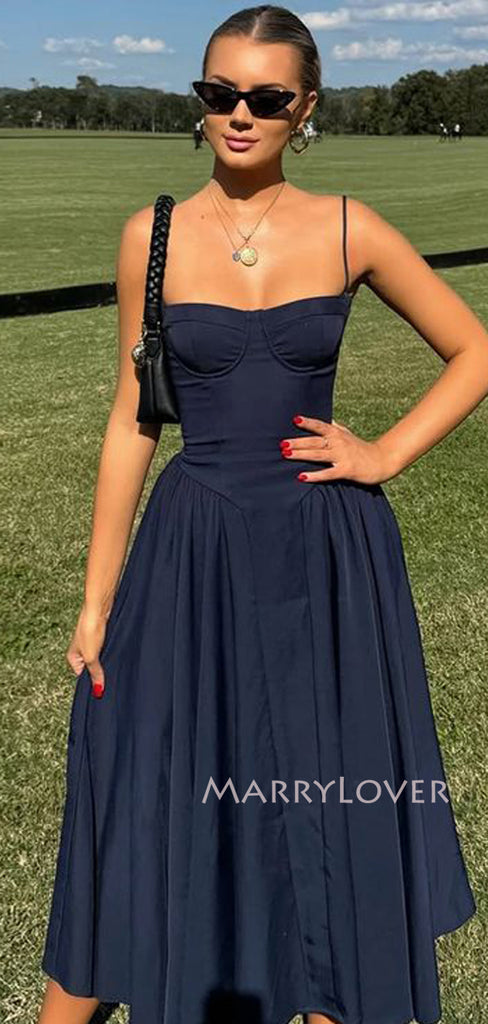 Gorgeous Navy Blue Spaghetti Straps Long Evening Prom Dresses, A-line Short Prom Dress, MR9701