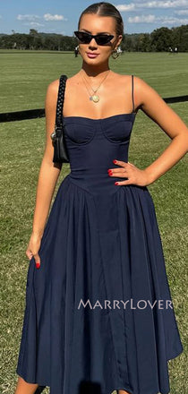 Gorgeous Navy Blue Spaghetti Straps Long Evening Prom Dresses, A-line Short Prom Dress, MR9701