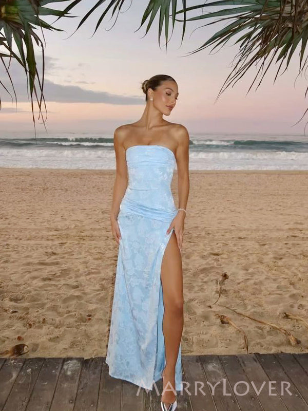 Morden Blue Simple Side Slit Long Evening Prom Dresses, Strapless Prom Dress, MR9702