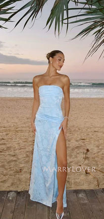Morden Blue Simple Side Slit Long Evening Prom Dresses, Strapless Prom Dress, MR9702