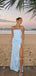 Morden Blue Simple Side Slit Long Evening Prom Dresses, Strapless Prom Dress, MR9702