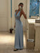 Halter Backless Blue Satin Lace Long Evening Prom Dresses, V-neck Prom Dress, MR9703