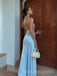 Halter Backless Blue Satin Lace Long Evening Prom Dresses, V-neck Prom Dress, MR9703