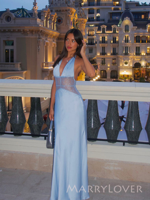 Halter Backless Blue Satin Lace Long Evening Prom Dresses, V-neck Prom Dress, MR9703