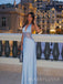 Halter Backless Blue Satin Lace Long Evening Prom Dresses, V-neck Prom Dress, MR9703
