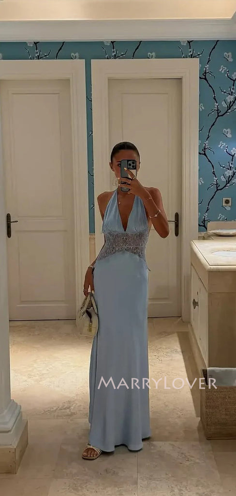 Halter Backless Blue Satin Lace Long Evening Prom Dresses, V-neck Prom Dress, MR9703