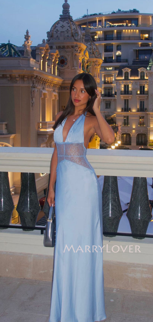 Halter Backless Blue Satin Lace Long Evening Prom Dresses, V-neck Prom Dress, MR9703