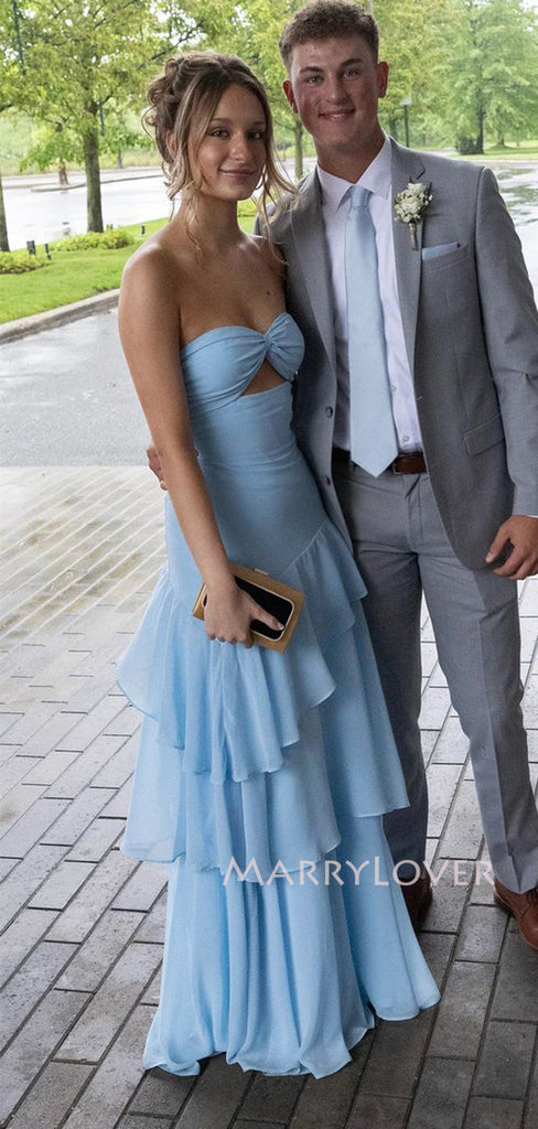 Blue Chiffon Sweetheart Long Evening Prom Dresses, Strapless Prom Dress, MR9704