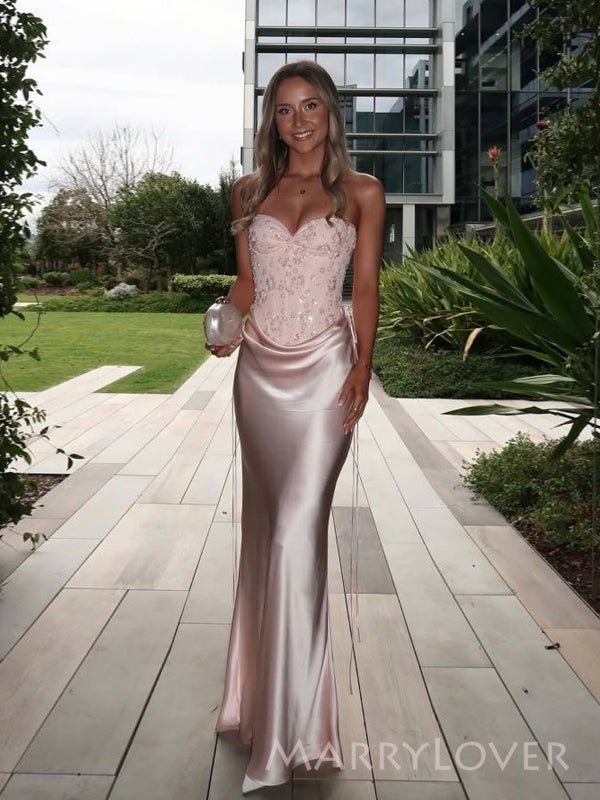 Unique Pink Satin Sweetheart Mermaid Long Evening Prom Dresses, MR9705