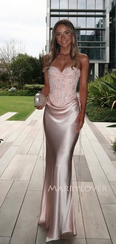 Unique Pink Satin Sweetheart Mermaid Long Evening Prom Dresses, MR9705