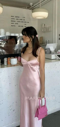 Pink Satin Straps Mermaid Long Evening Prom Dresses, MR9707