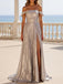 Formal Off Shoulder Silver Long Evening Prom Dresses, A-line Side Slit Prom Dress, MR9710