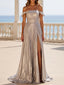 Formal Off Shoulder Silver Long Evening Prom Dresses, A-line Side Slit Prom Dress, MR9710
