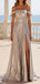 Formal Off Shoulder Silver Long Evening Prom Dresses, A-line Side Slit Prom Dress, MR9710